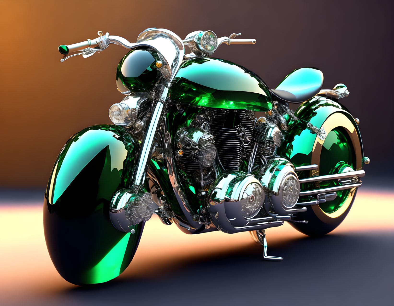 Classic Green and Chrome Motorcycle with Rounded Body and Exhaust Pipes