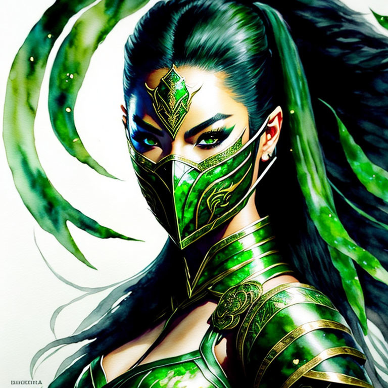 Illustration of woman in green armor and ornate mask with dark hair.