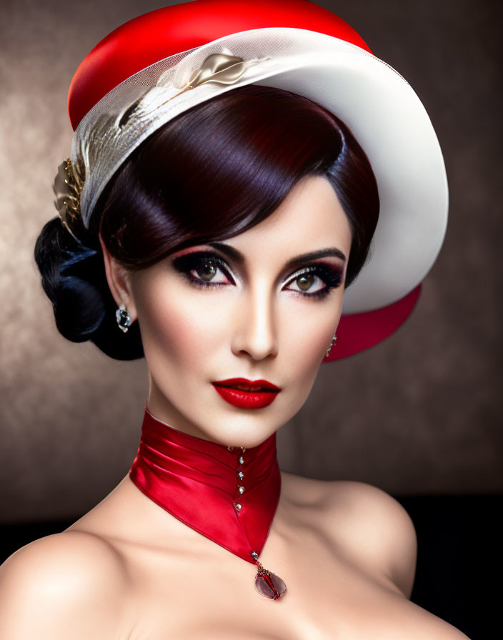 Woman with dramatic makeup and red & white accessories in bun hairstyle