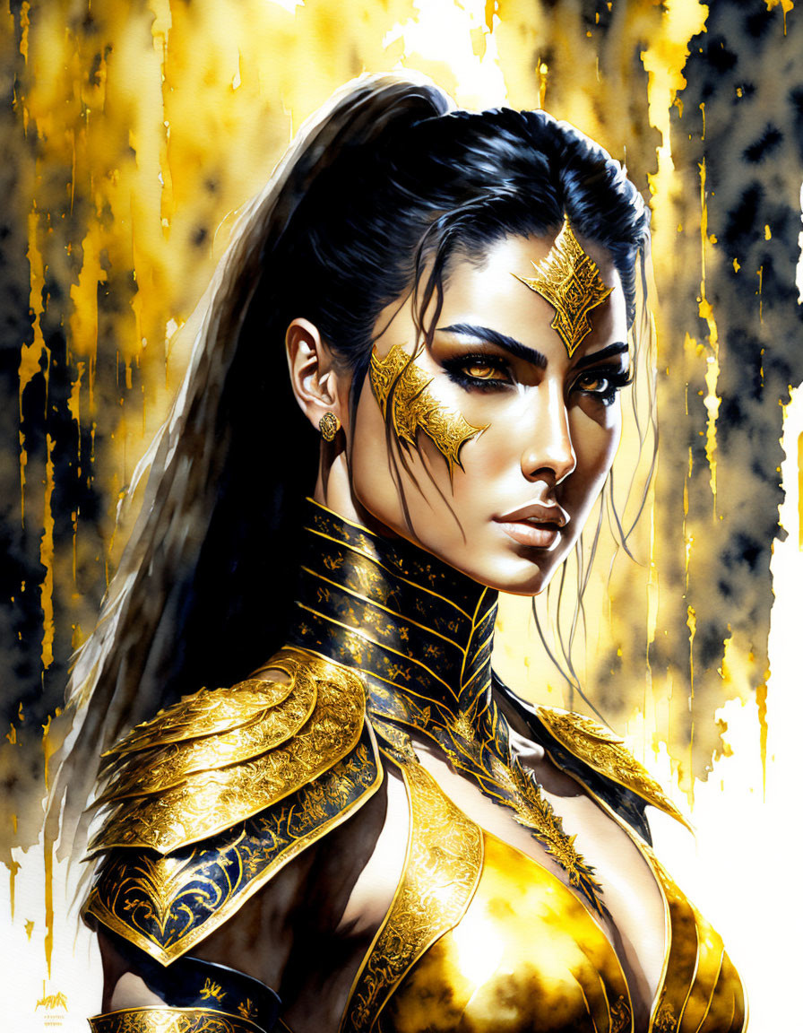 Female warrior in golden armor with face markings on gold splattered backdrop