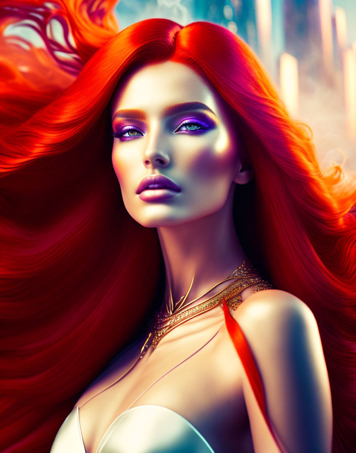 Colorful digital portrait of a woman with red hair and purple eyeshadow.