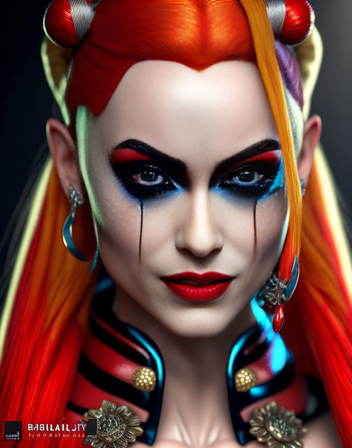 Vibrant woman portrait with red and yellow hair, bold eye makeup, black tears, and orn