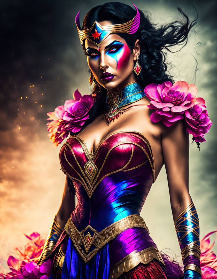 Stylized portrait of superhero woman in tiara with vibrant makeup and costume, surrounded by pink flowers