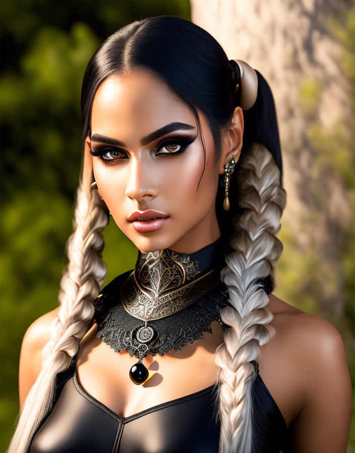 Woman with braided pigtails and gothic choker against natural backdrop