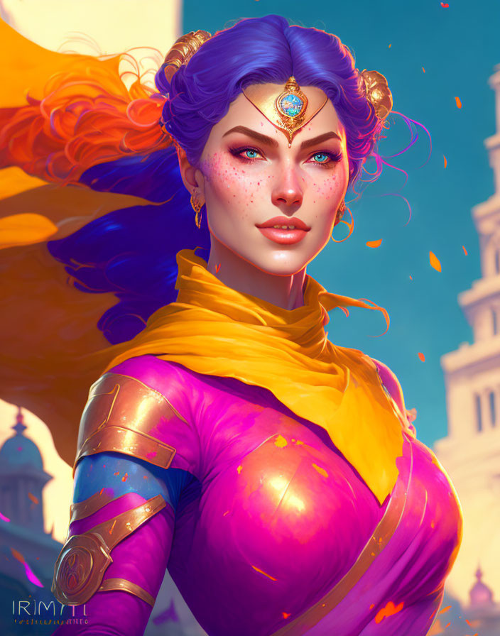 Vibrant blue-haired woman in golden tiara and purple outfit against fantasy castle backdrop