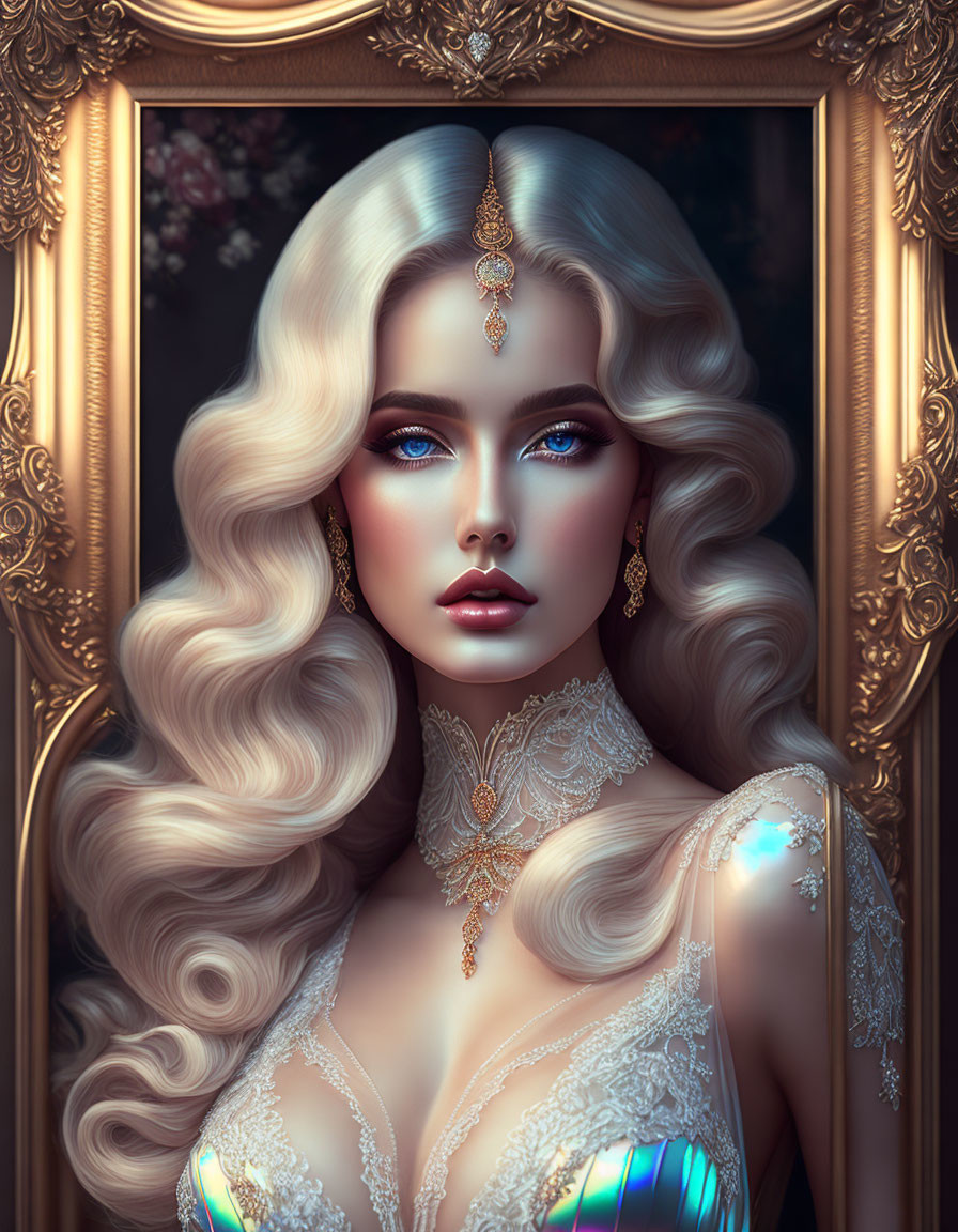 Portrait of Woman with Voluminous Blonde Hair and Gold Jewelry