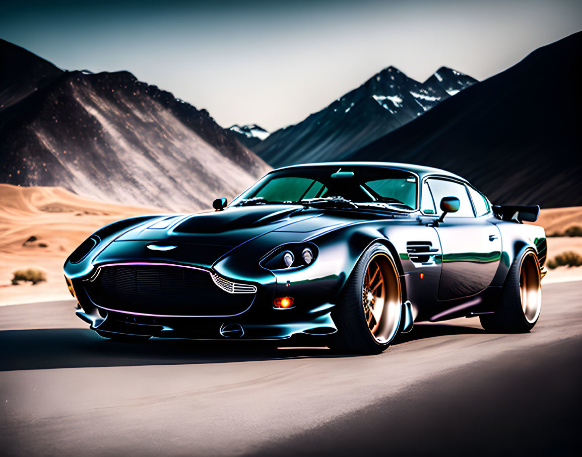 Black Sports Car with Racing Stripes on Desert Road