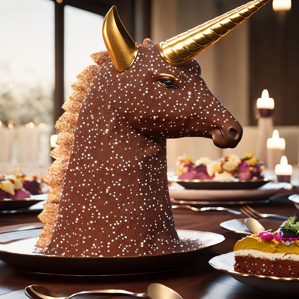 Elegant dining table with unicorn-shaped chocolate sculpture