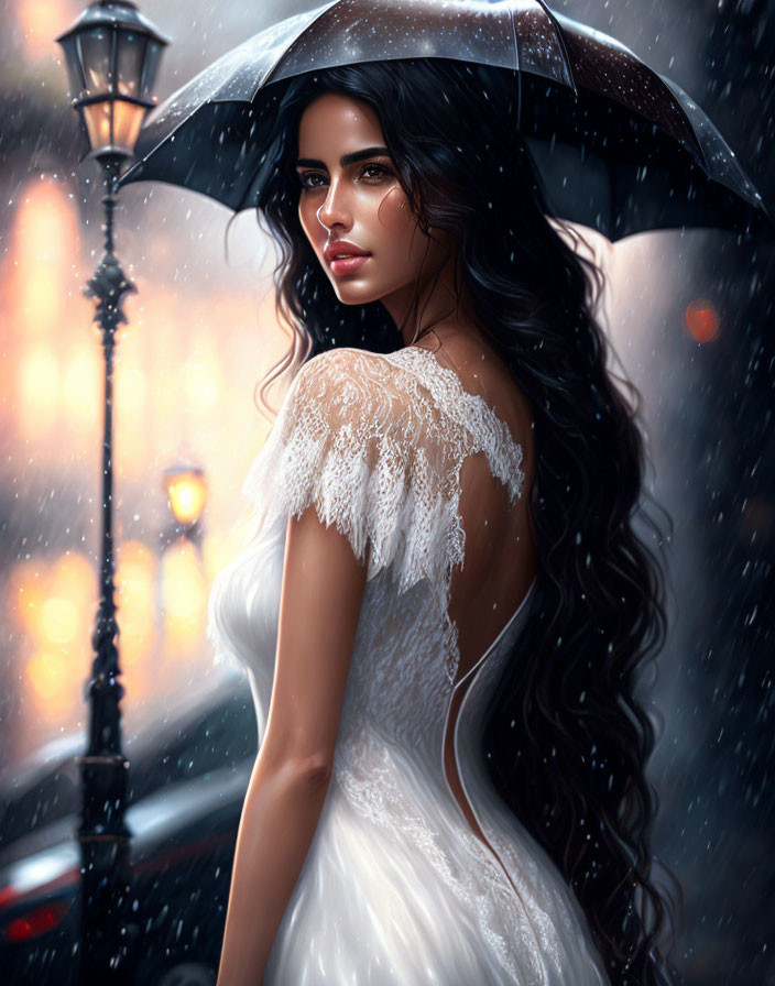 Woman in white dress with umbrella in dimly lit rainy street