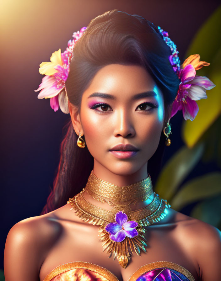 Woman with floral makeup and hair, gold jewelry, and floral attire on warm backlit backdrop