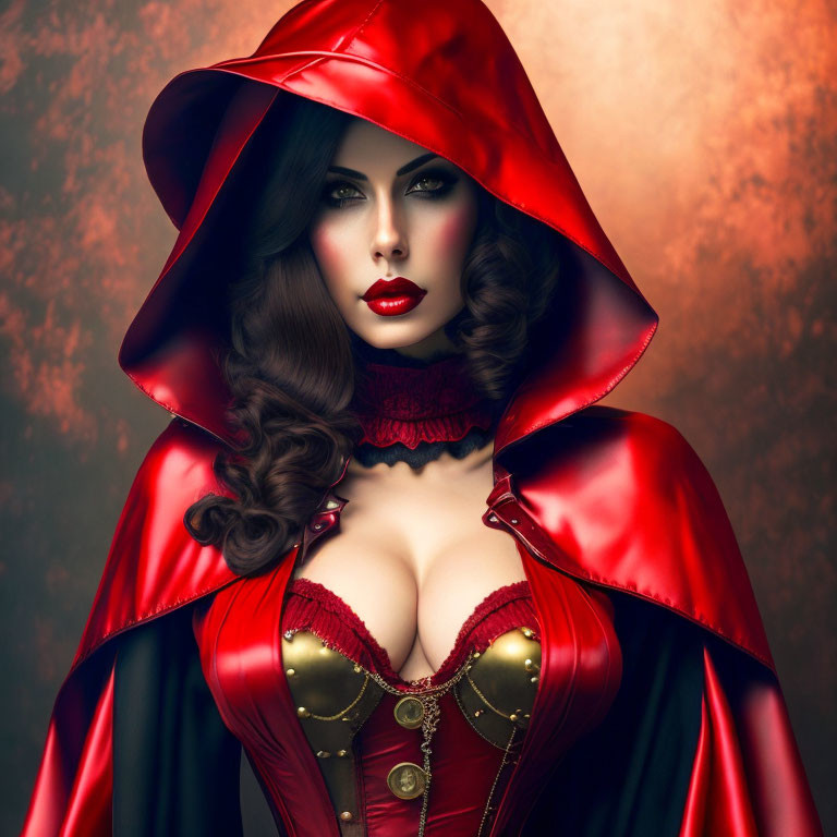 Stylized portrait of woman with modern Little Red Riding Hood twist