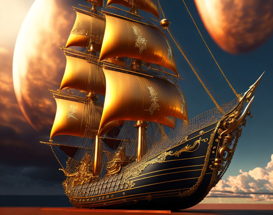 Golden galleon sailing on calm seas at sunset with enormous planets in background