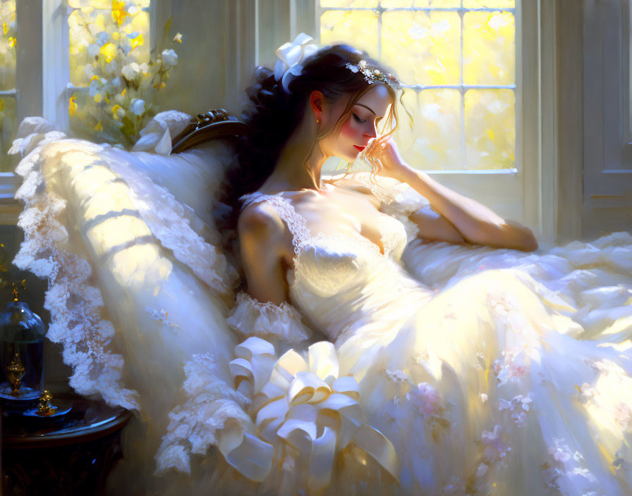 Woman in White Gown Sitting by Sunlit Window with Yellow Flowers