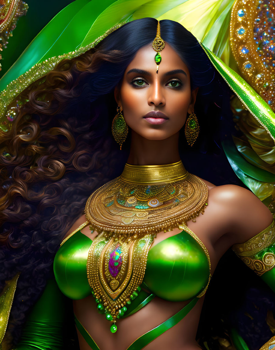 Intricate gold jewelry on woman in green outfit with peacock feathers