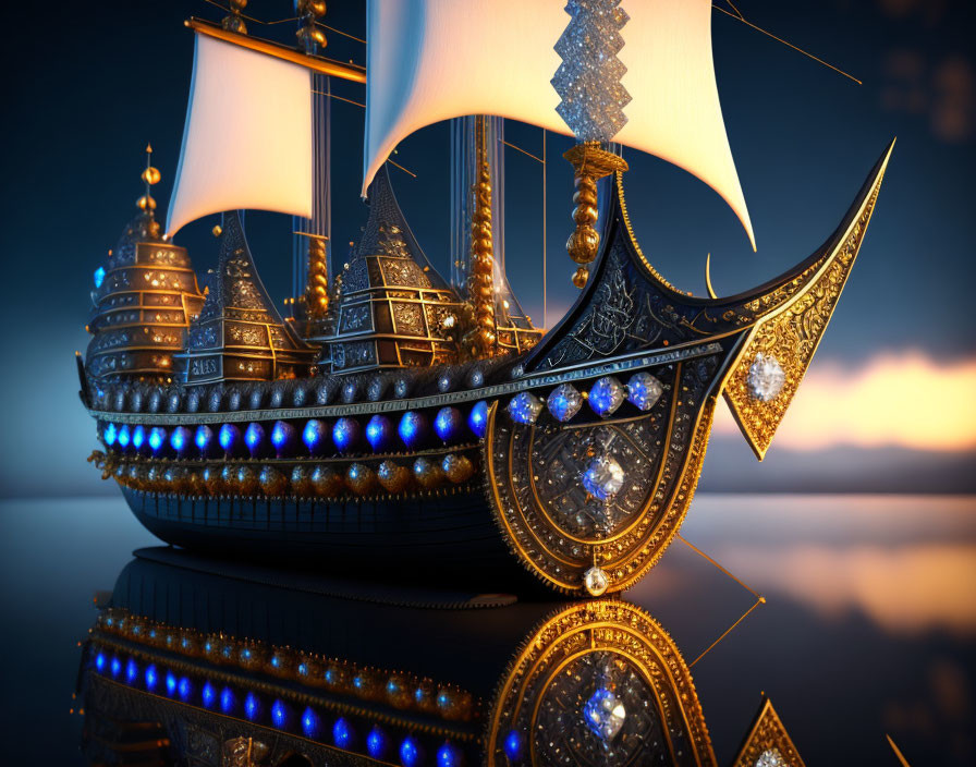 Fantasy-style ship with golden details sailing on calm waters at dusk