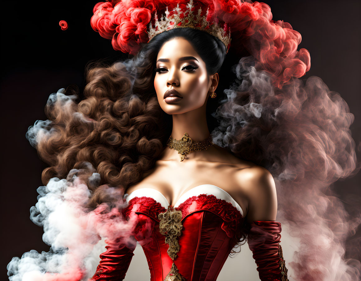 Voluminous wavy hair, red headpiece, corset on woman against smoky background