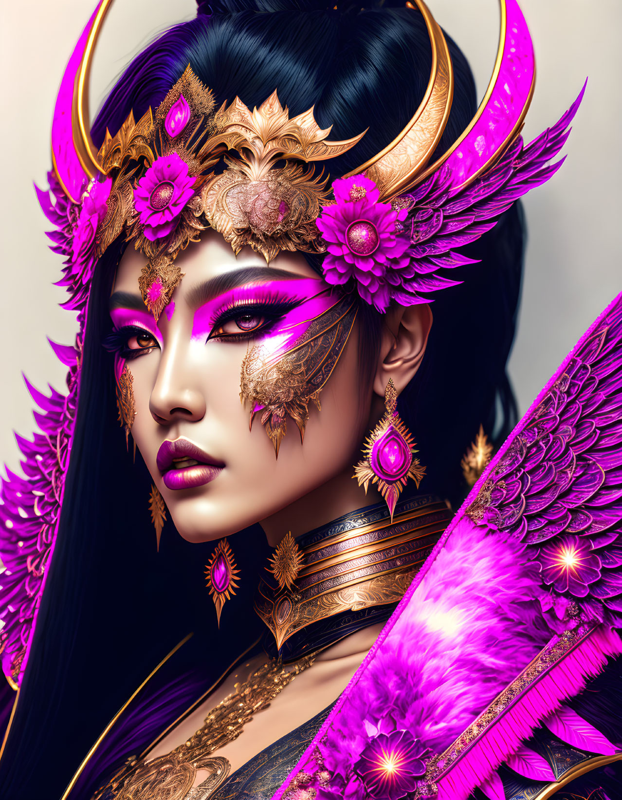 Digital Artwork: Woman with Purple Makeup & Ornate Headpiece