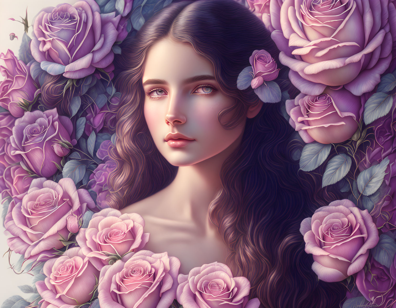 Woman with deep gaze surrounded by pink and purple roses in digital art