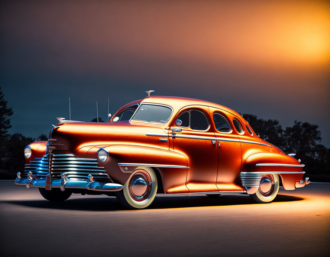 Vintage Car with Glossy Orange Finish Against Dusky Sky