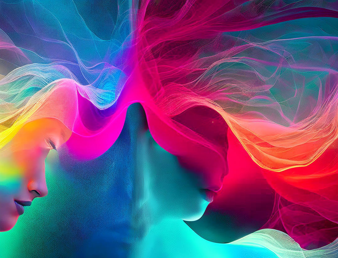 Colorful digital art: Two profiles with flowing light streams