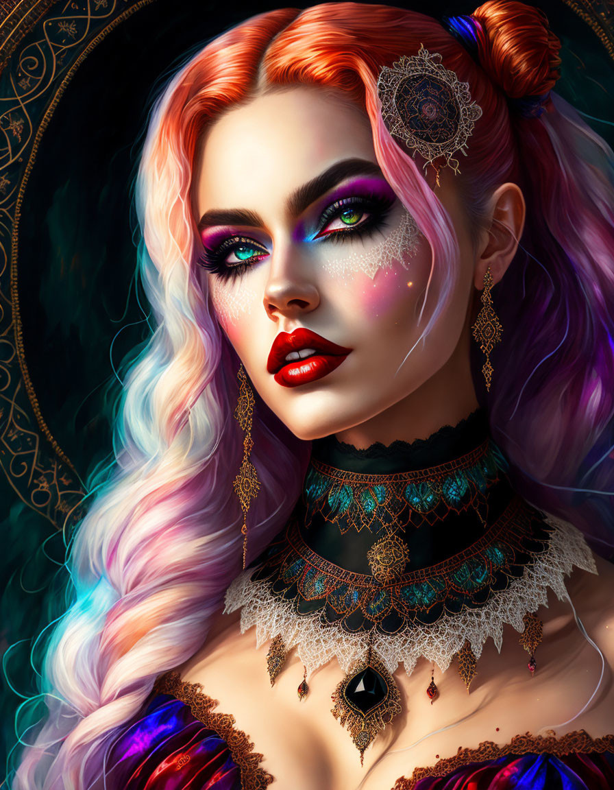 Colorful Woman Illustration with Intricate Tattoos and Jewelry