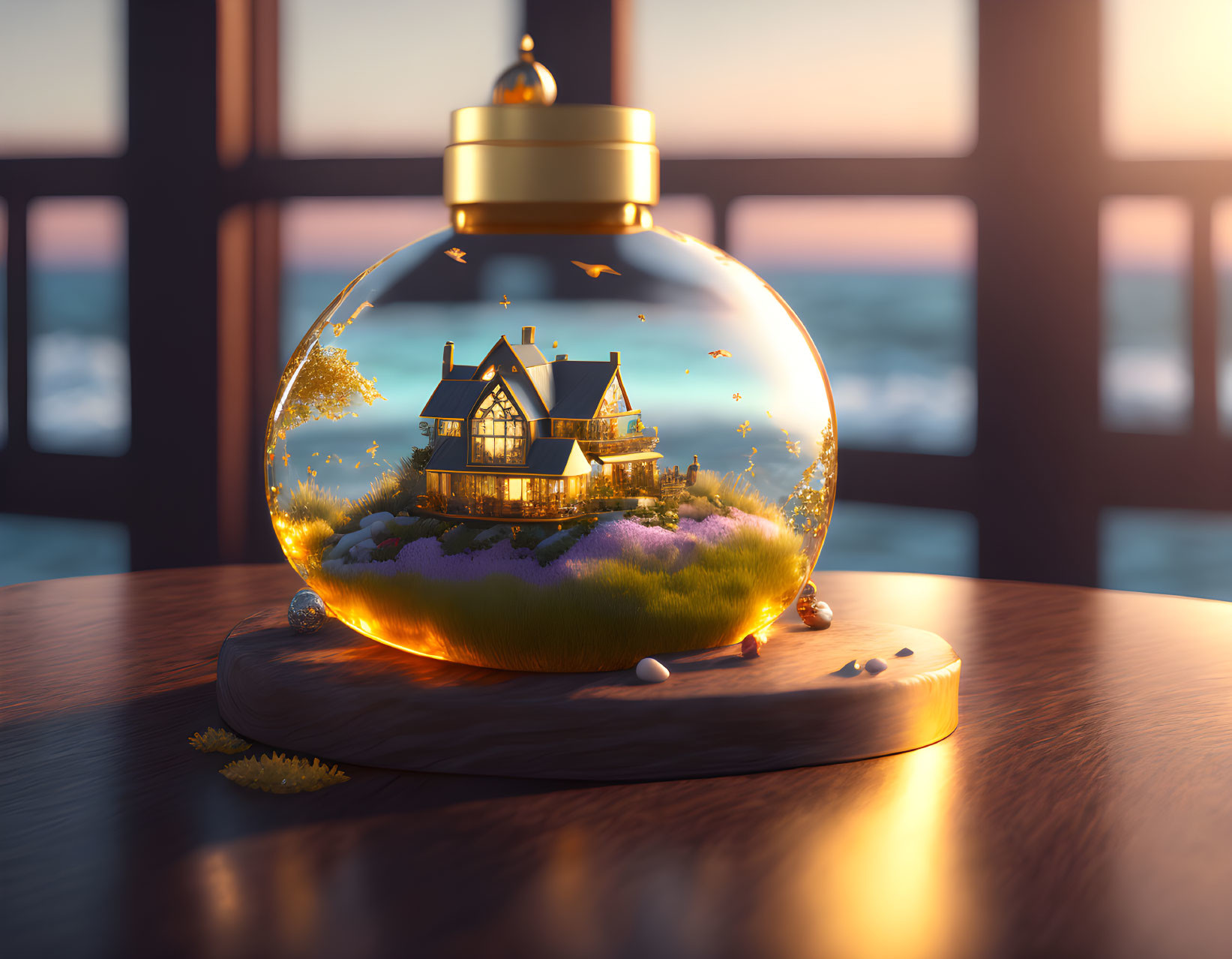 Glass Globe Encasing House on Grass Knoll with Ocean Sunset Background