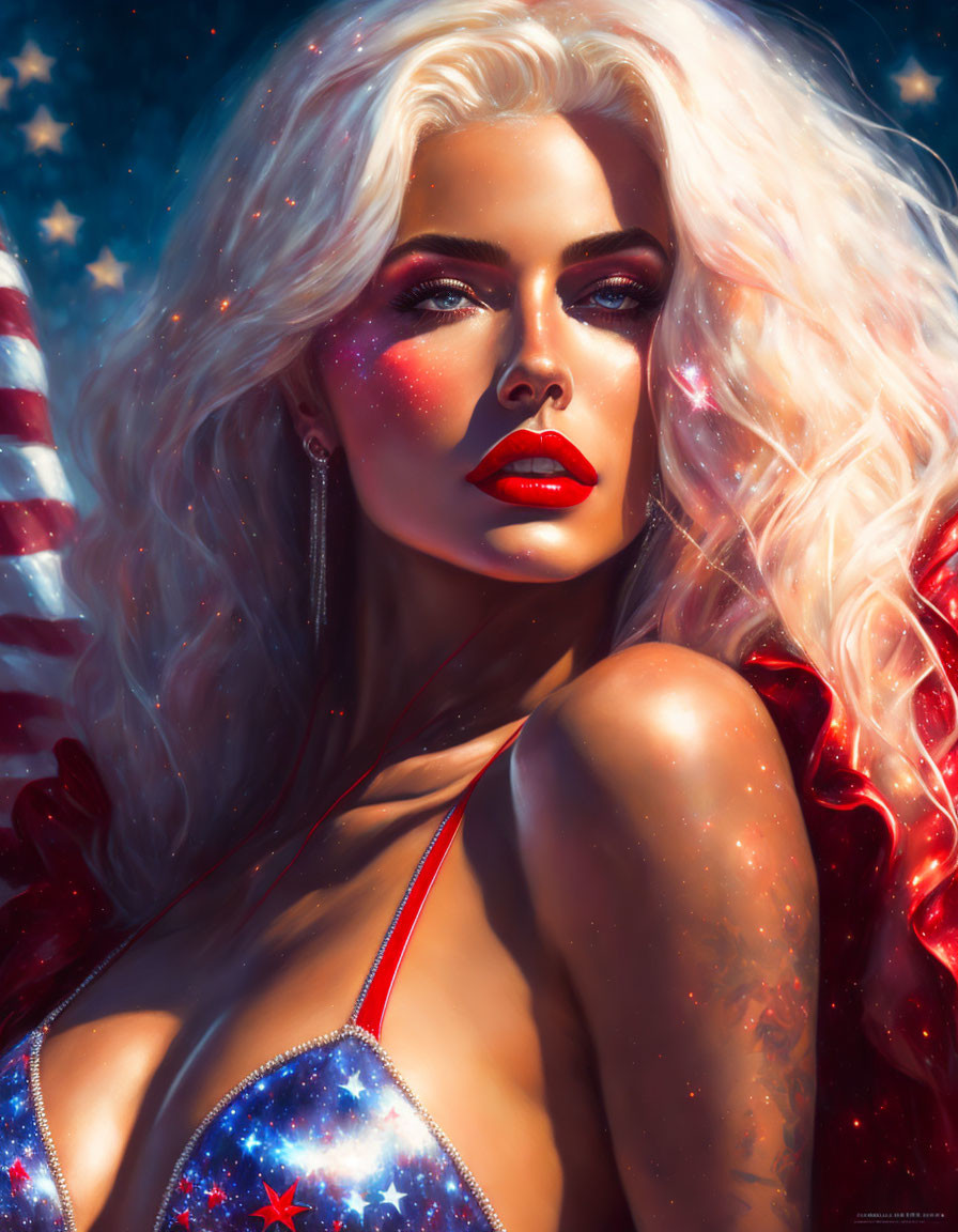 Stylized portrait of woman with platinum blonde hair in patriotic outfit