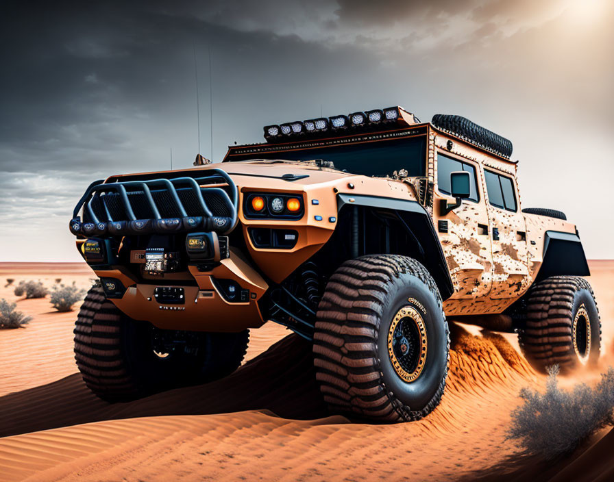 Orange Off-Road Vehicle with Camouflage Spots in Desert Dusk