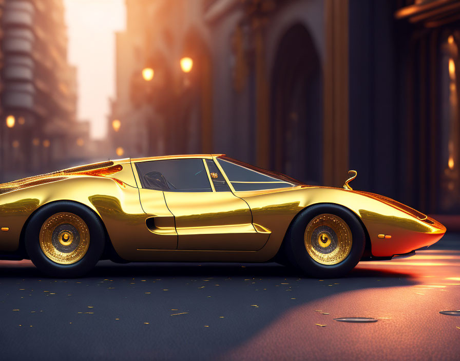 Shiny gold sports car parked on urban street at sunset