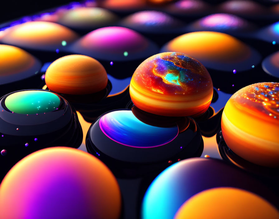 Colorful Glossy Spheres Grid on Dark Background