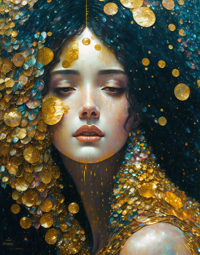 Dark-haired woman with golden accents in a magical setting.