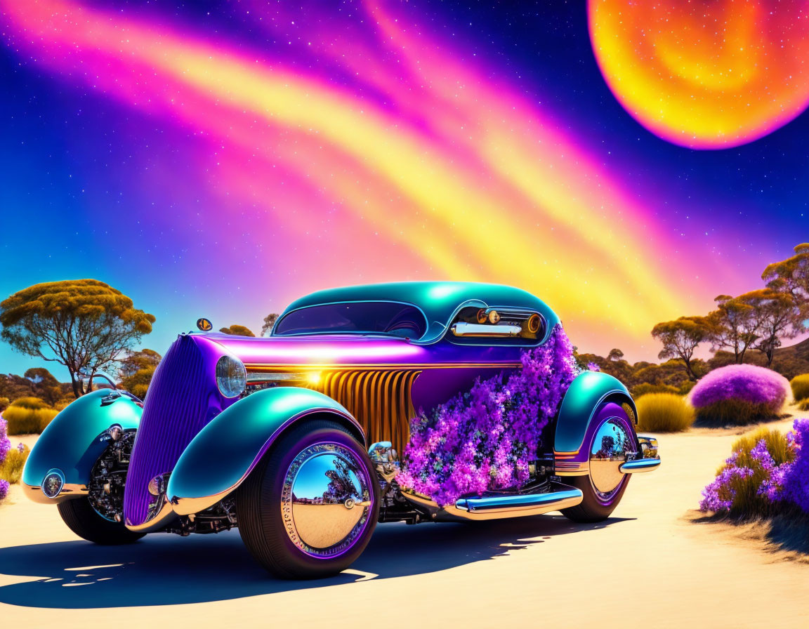 Classic car with purple flowers under surreal sky & aurora lights