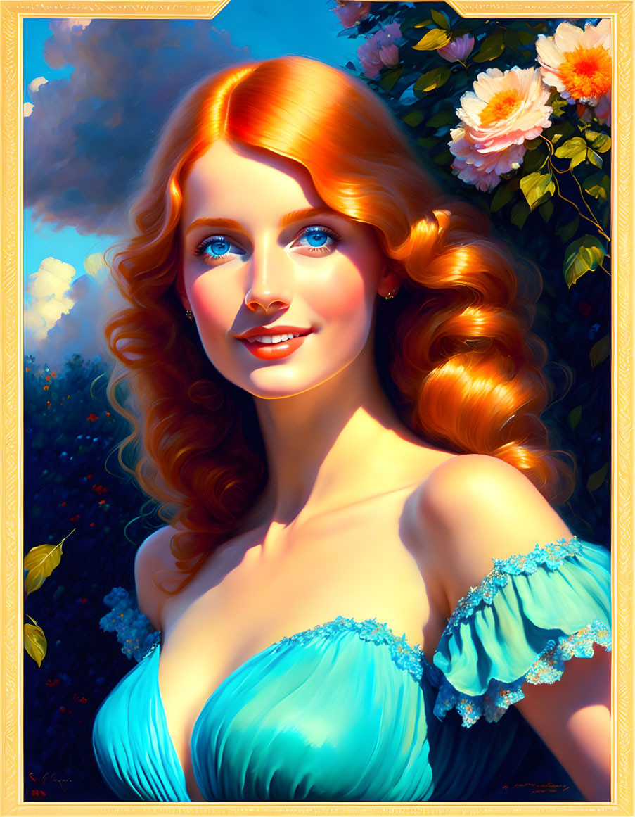 Stylized portrait of woman with red hair in blue dress amid lush flowers