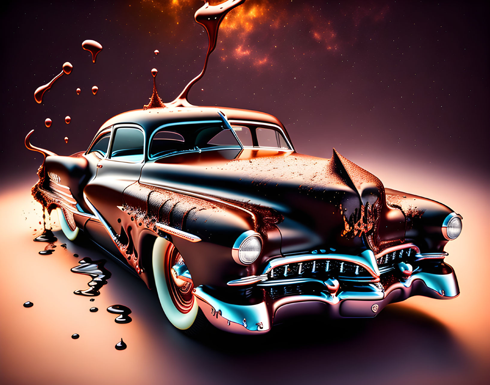 Stylized black classic car with melting effect on celestial backdrop