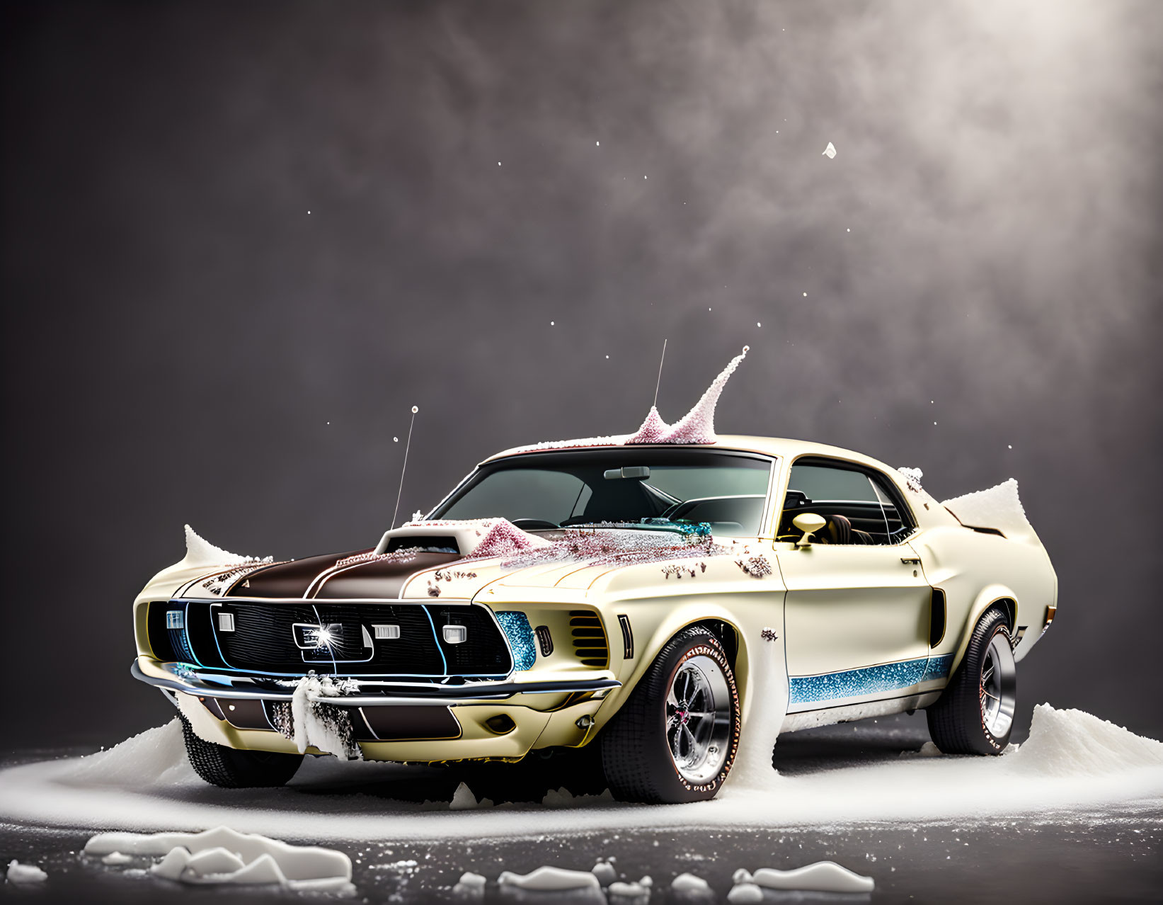 Vintage Mustang Car Splattered with Foamy Liquid on Dark Background