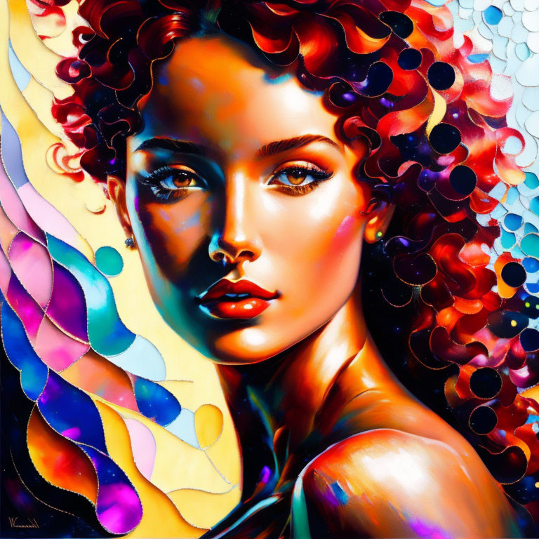 Colorful Abstract Art: Stylized Woman with Multicolored Curls