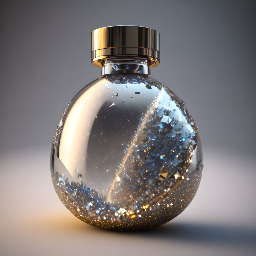 Luxurious Round Perfume Bottle with Metallic Cap and Glitter on Gray Background