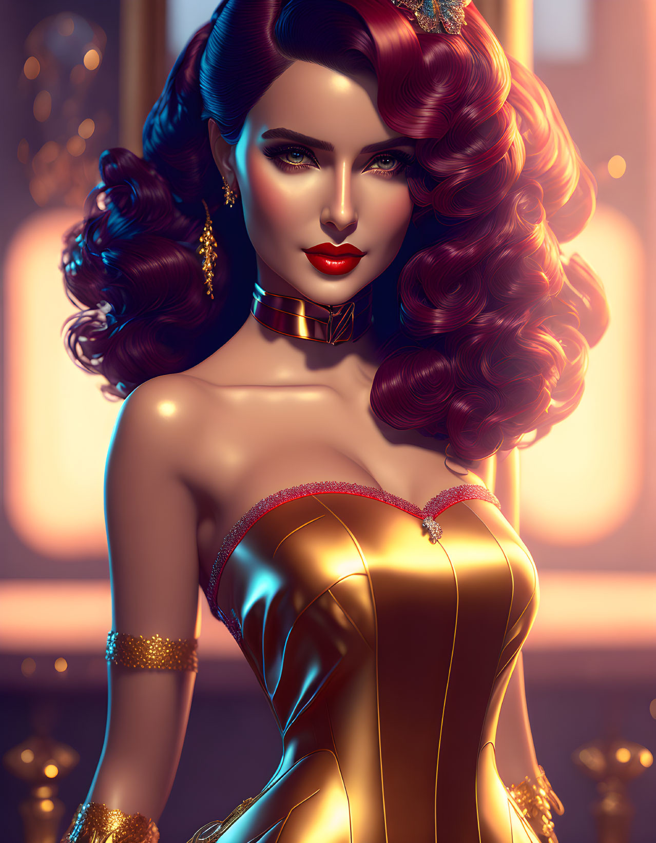 Glamorous woman with red hair in golden dress and choker