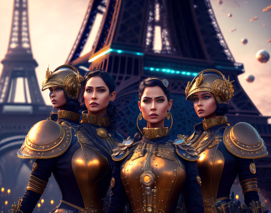 Four futuristic female warriors in golden armor at Eiffel Tower with floating orbs