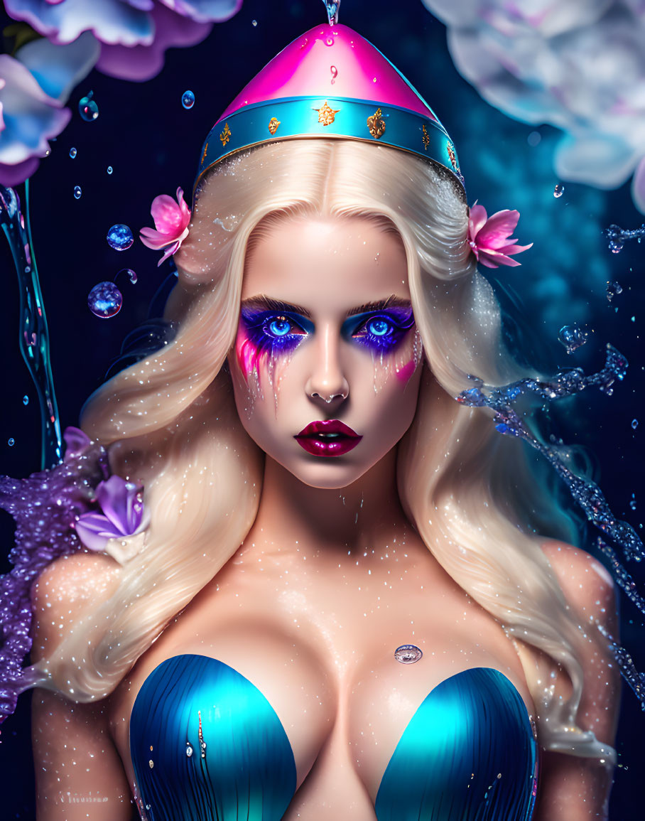 Mermaid Fantasy Illustration with Blonde Hair and Seashell Crown