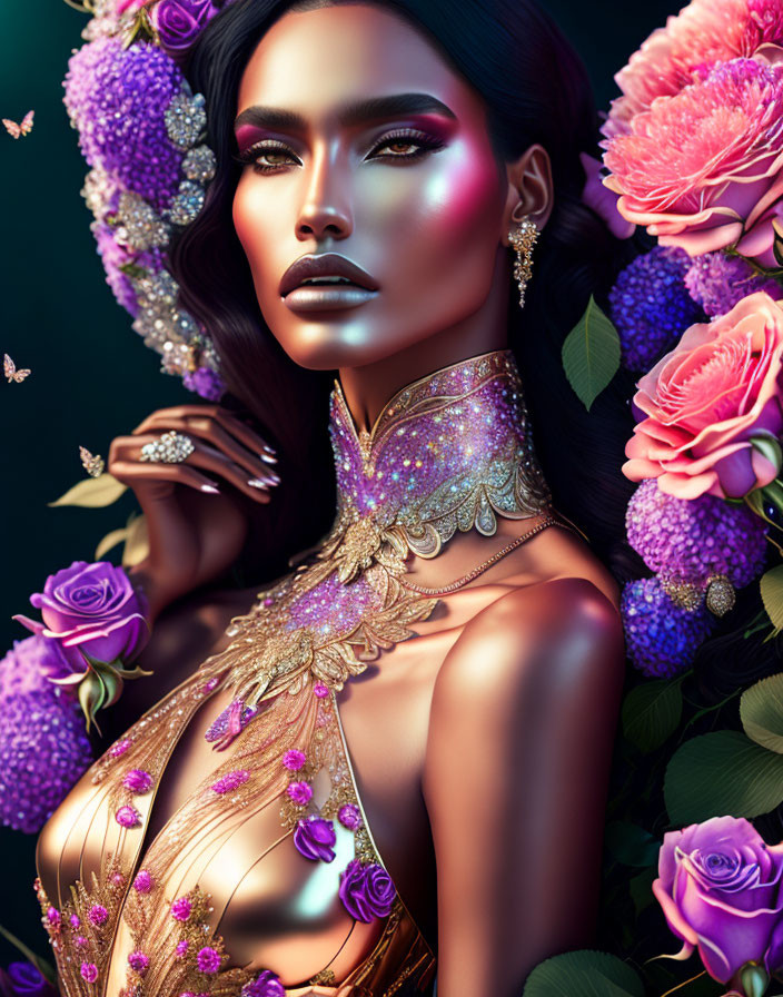 Digital artwork: Woman with purple flowers, gold jewelry, glittery outfit, pink roses on dark backdrop