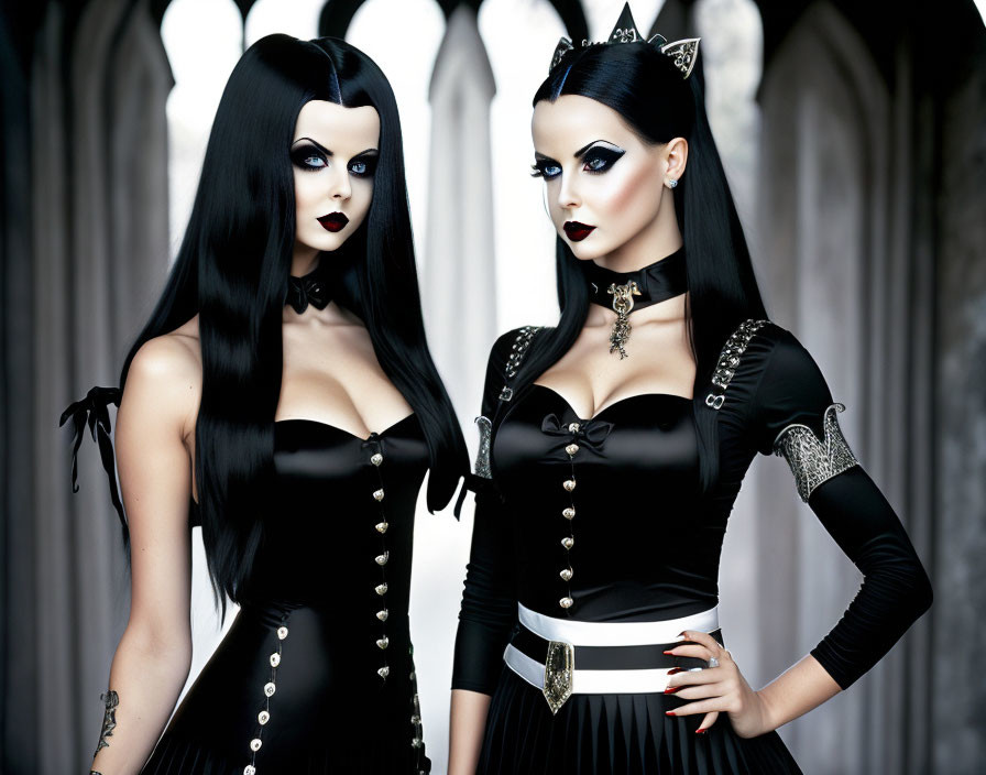 Two individuals in gothic makeup and black outfits with silver jewelry on blurred background