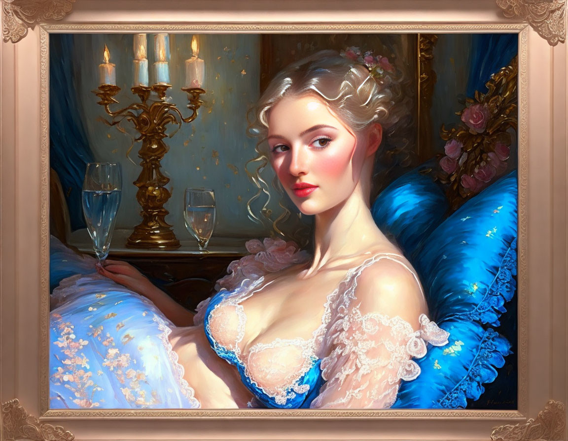 Sophisticated woman in lace-trimmed gown on blue sofa with gilded candelabra