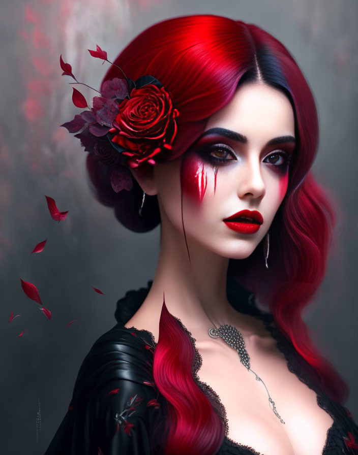 Vibrant red-haired woman with dark rose and crimson tears in artistic portrait