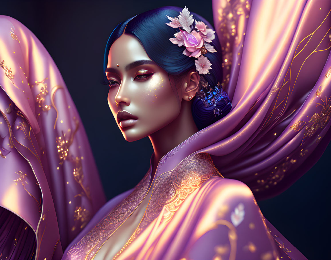 Illustrated woman with blue hair and golden freckles in pink robe.