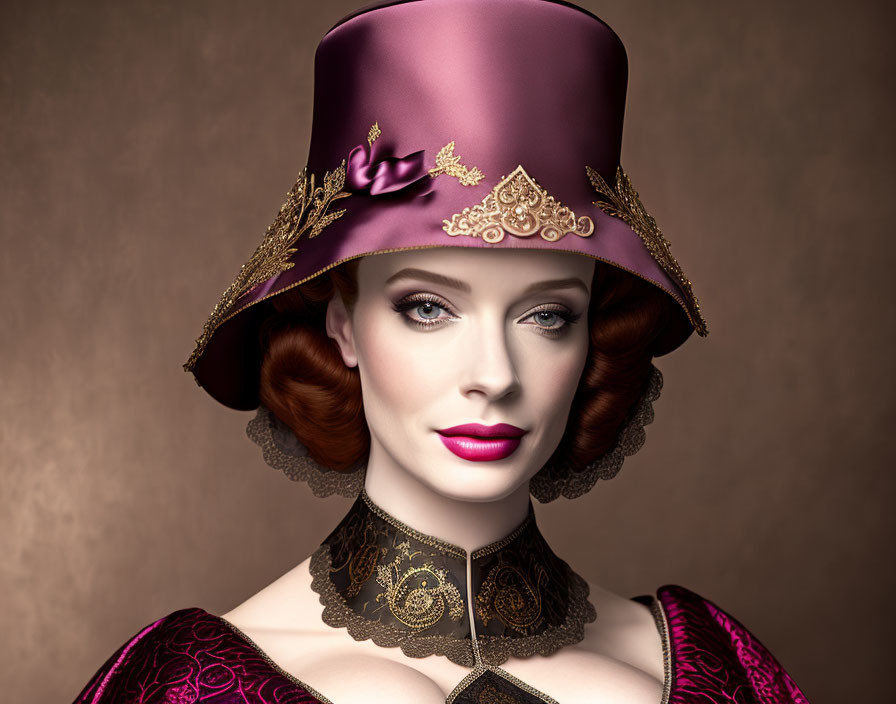 Styled woman in purple top hat and matching outfit with gold details and lace collar.