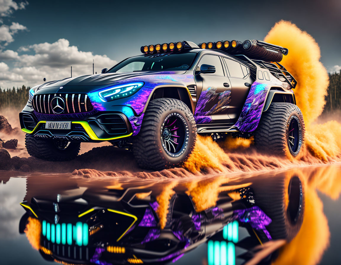 Colorful Modified Mercedes SUV with Neon Underglow and Vibrant Paint in Dramatic Setting