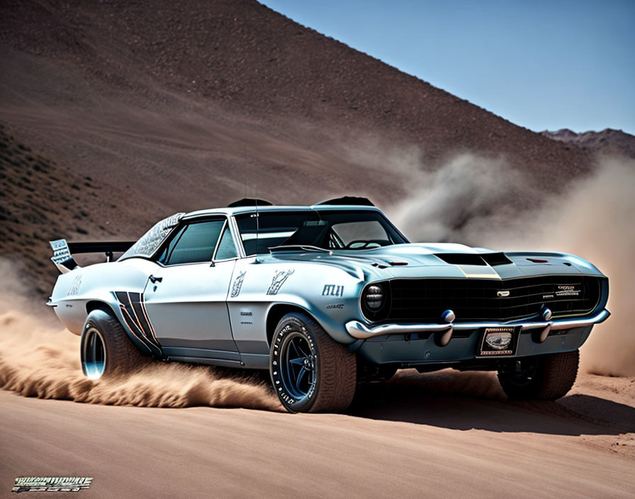 Vintage Muscle Car Racing in Desert with Stripes & Decals