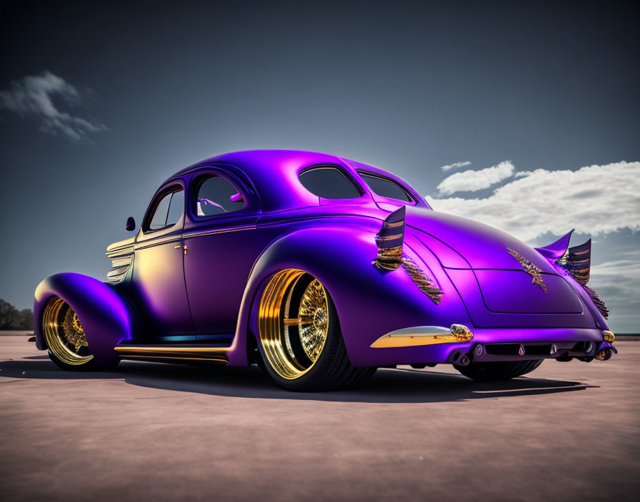 Purple Classic Car with Golden Wheels and Streamlined Body Styling