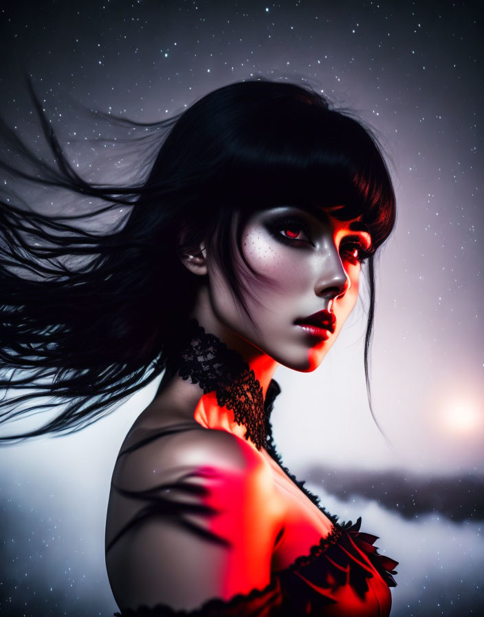 Portrait of woman with pale skin, red eyes, dark hair, against starry backdrop